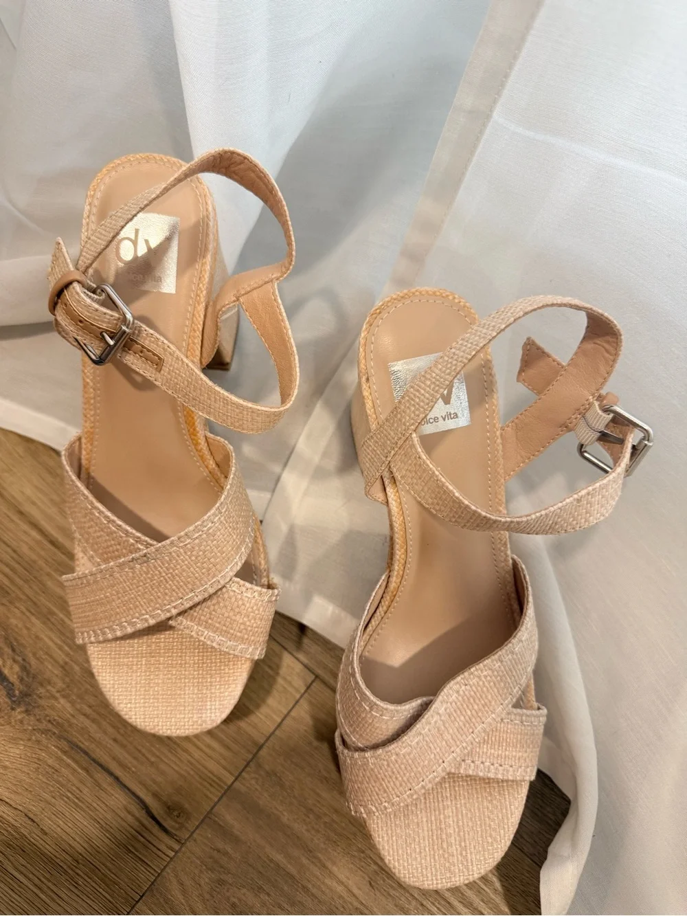 Dolce Vita Beige Woven Platform Sandals with Ankle Strap